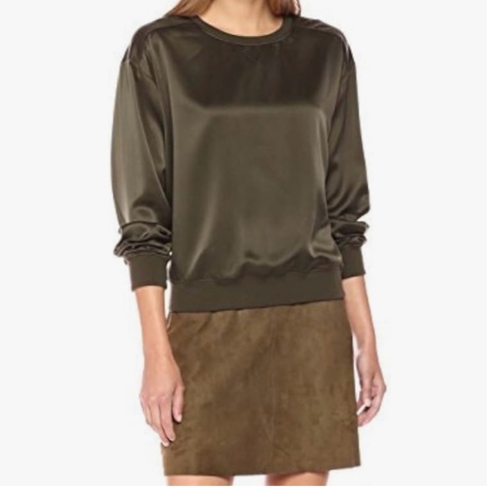 Theory Massar Vintage Satin Pullover Sweatshirt 100% Silk Olive Green Small